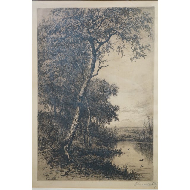 Late 19th Century Antique Hendrik Dirk Kruseman Van Elten Signed Tree Pond Landscape Etching 25" For Sale - Image 5 of 11