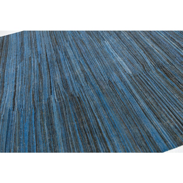 Modern Handmade Flat-Weave Kilim Wool Rug in Indigo & Charcoal Abrash 9x12 For Sale - Image 12 of 12