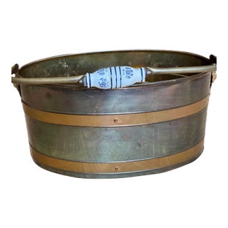 Vintage Dresher Copper and Brass Oval Bucket or Cache Pot With Blue and White Handle For Sale