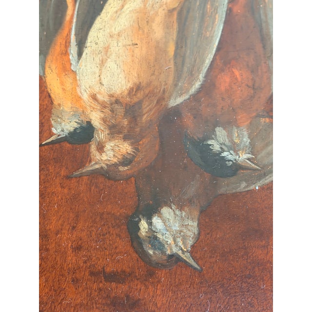 Antique French Oil on Wood Painting Game Birds Fowl Still Life Tromp l'Oiel - Signed For Sale - Image 4 of 8