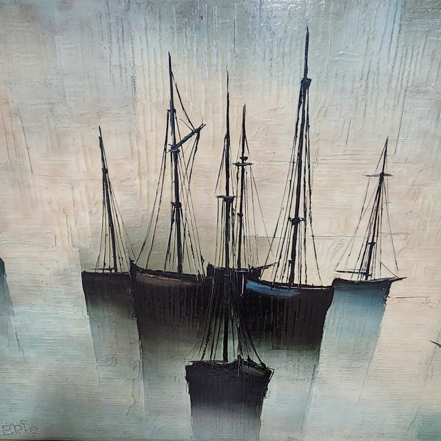 Atmospheric French modern harbor scene oil painting from the 1960s depicting sailboats moored in a misty port, rendered in...