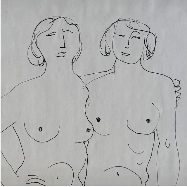 Illustration Vintage Ink Drawing of Two Female Nudes-Standing, 13.75” X 10.75” For Sale - Image 3 of 5