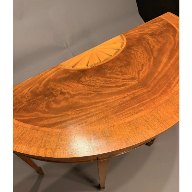 Wood English Mahogany Hepplewhite Style Demilune Console Table With Exotic Wood Inlay & Sunburst Medallion, Circa 1920s For Sale - Image 7 of 7