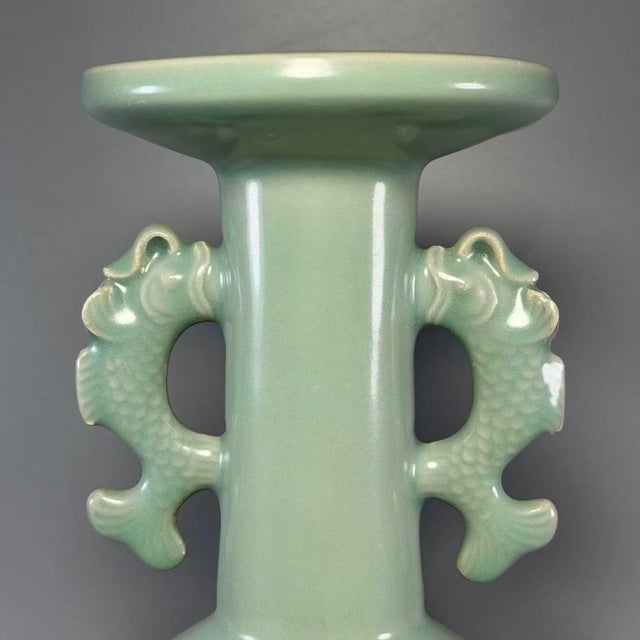 Chinese Vintage Chinese Longquan Celadon Porcelain Vase | One of a Kind, Dragon‑Shaped Twin Handles For Sale - Image 3 of 7