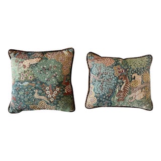 Vintage Mid-Century Tapestry Wildlife Pillows With Velvet Cheetah or Leopard Trim – Coordinating Pair For Sale