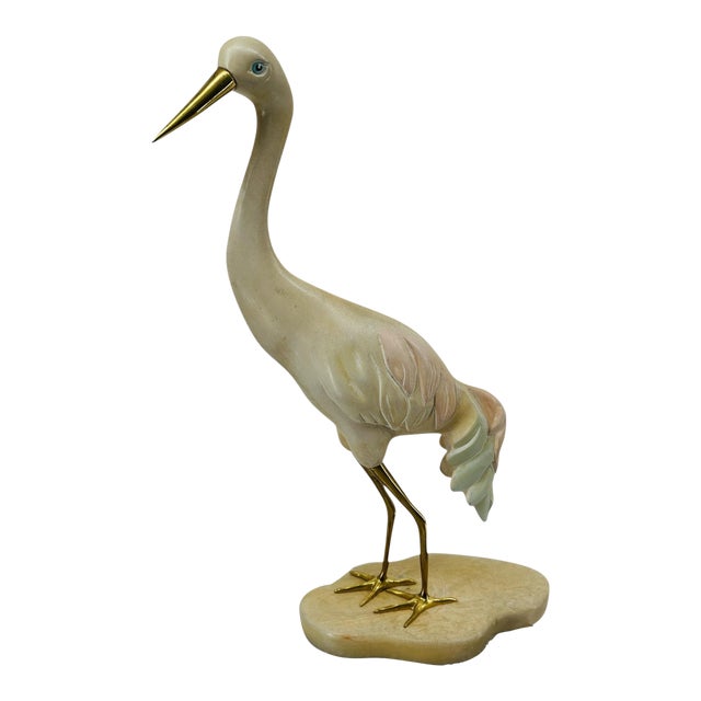 Large Vintage 1970s Carved Wood Brass Crane Heron Egret Statue 28.5" MCM Hollywood Regency Coastal Decor For Sale