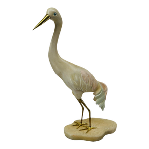 Large Vintage 1970s Carved Wood Brass Crane Heron Egret Statue 28.5" MCM Hollywood Regency Coastal Decor