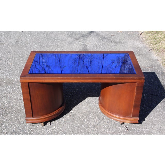 Vintage Art Deco Cobalt Mirror Blue Glass Coffee Table Speakeasy