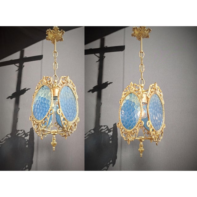 1960s Ceiling Light Vintage French Brass Blue Glass Chandelier For Sale - Image 14 of 14