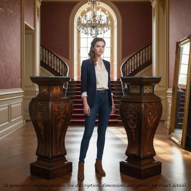 Large Antique Neoclassical Marquetry Jardiniere Stands with Ormolu Mounts and Marble Tops, 19th Century, Set of 2 For Sale - Image 12 of 13