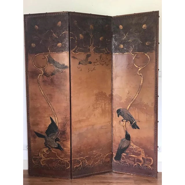 Art Nouveau Three Panel Tooled Leather Screen, 1900s For Sale - Image 9 of 9