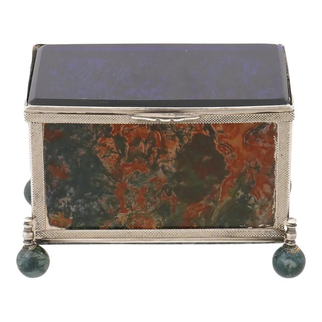 Mid 20th Century Decorative 925 Silver Glass Moss Agate Trinket Box For Sale