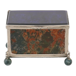 Mid 20th Century Decorative 925 Silver Glass Moss Agate Trinket Box