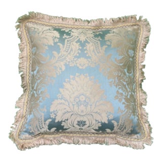 Bridgerton Seafoam Damask With Hand Applied Trim Square Stroheim Designer Pillow For Sale