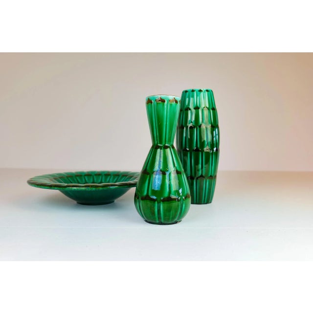 Mid-Century Modern Mid-Century Large Green Ceramic Vases and Platter or Bowl from Upsala Ekeby, 1950s, Set of 3 For Sale - Image 3 of 12