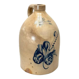 Antique American Blue Decorated 2 Gallon Stoneware Jug by Frank B Norton in Worcester Massachusetts