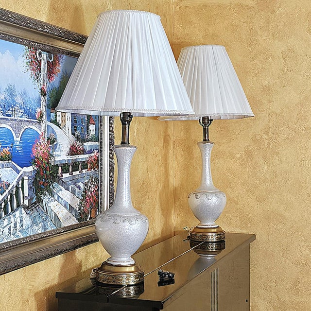 White Mid 20th Century Pair of Vintage White Crackle-Glaze Table Lamps With Pleated Shades – 35” For Sale - Image 8 of 18