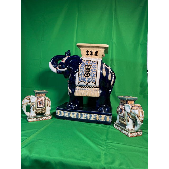 Mid 20th Century Large Chinese Cobalt Blue Ceramic Elephant Garden Seat With Shou and Bat Motifs For Sale In Charlotte - Image 6 of 8