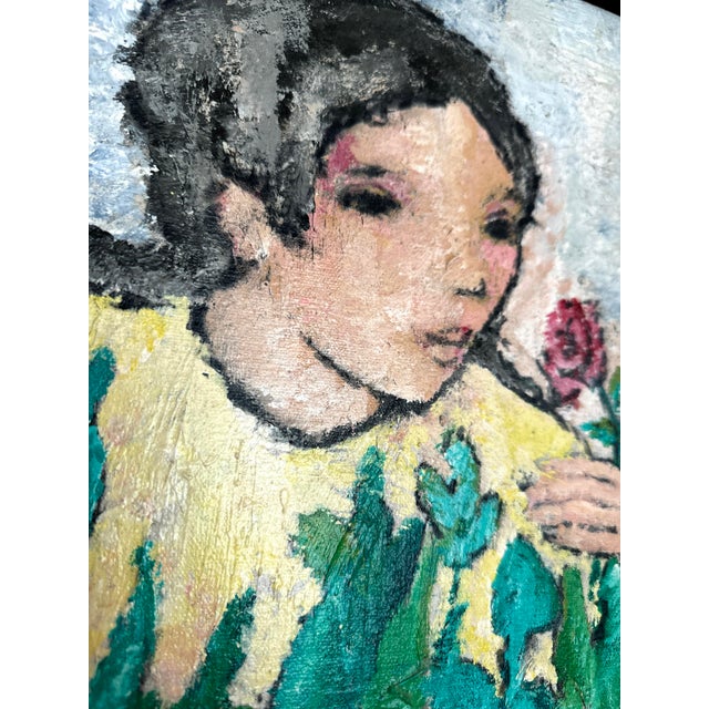 A soulful original oil painting rendered in thick, impasto strokes depicts a young figure nestled within lush greenery, a...