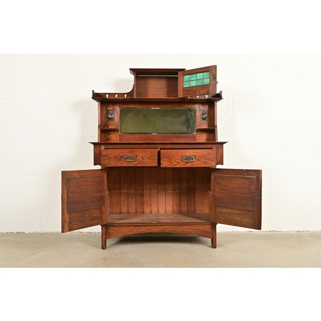 Early 20th Century Liberty & Co. Antique English Arts & Crafts Oak Sideboard With Stained Glass Door, Circa 1900 For Sale - Image 5 of 16