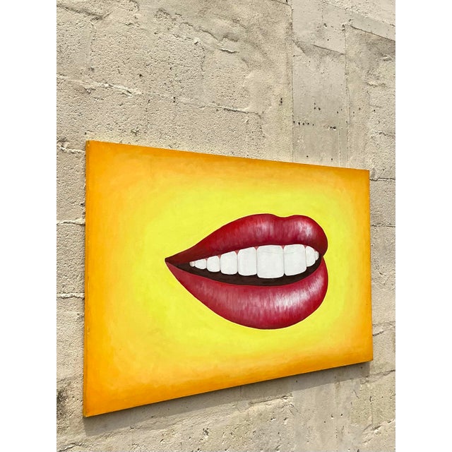Wood Late 20th Century Vintage Boho Original Lips Oil Painting on Canvas For Sale - Image 7 of 10