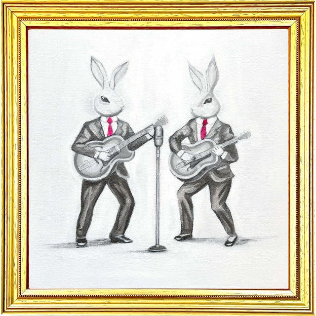 A Fine Art print of two bunnies wearing suits playing the guitar by Max & Alma. Max and Alma create kitsch, pop, feel-good...