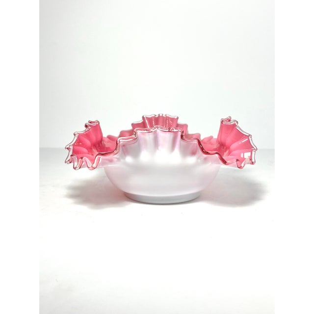 American 1940s Vintage Fenton “Peach Crest” Pink & Milk Glass Ruffled Crimped Bowl For Sale - Image 3 of 7