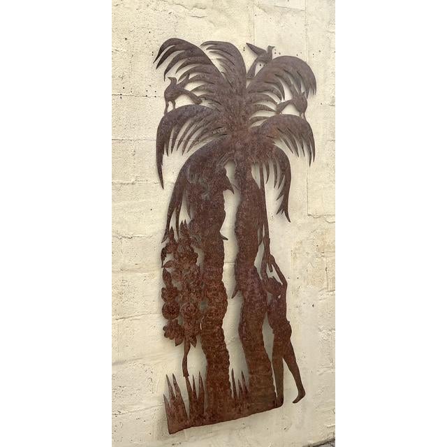 Make a monumental statement with this captivating Vintage Coastal Punch Cut Palm Tree Wall Sculpture, a unique work of art...