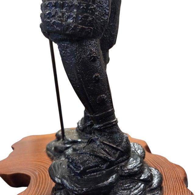 Japanese Samurai Bronze Tone Warrior Sculpture on Custom Wood Base 18" For Sale - Image 13 of 15