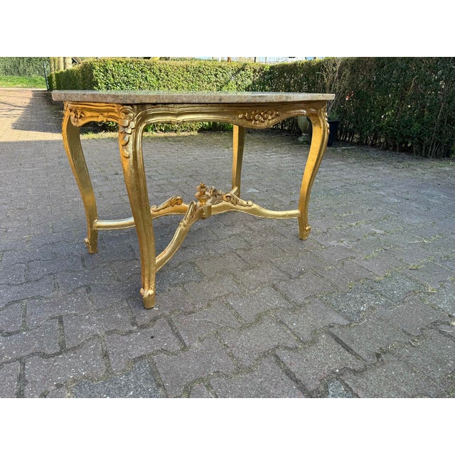 1940s Artisan Louis XVI Gold Beech Marble Coffee Table For Sale - Image 4 of 8