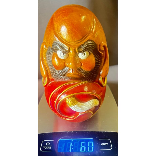 Hand Carved Japanese Daruma Doll Wood 7” Bodhidharma Red Figure For Sale - Image 9 of 12