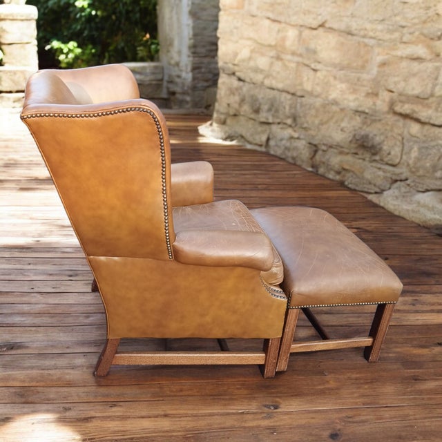 Tan Wingback Leather Armchair and Matching Ottoman by Classic Leather. For Sale - Image 8 of 12