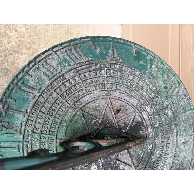 Vintage English Country Classical Verdigris Iron Garden Sundial on Pedestal For Sale - Image 10 of 12
