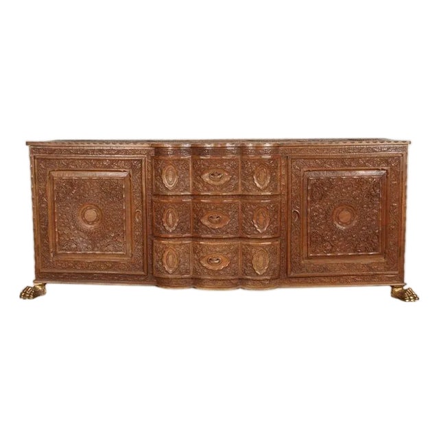 19th-Century Javanese Hand-Carved Wood Sideboard With Claw Feet For Sale