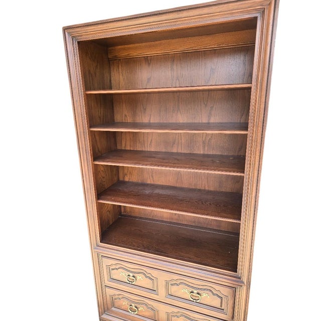 Wood Late 20th Century Henredon Oak Bookcase With Four Drawers | Traditional Library Cabinet | 78"h For Sale - Image 7 of 7