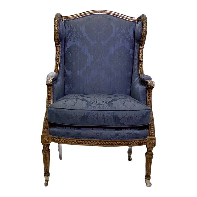 19th Century French Giltwood Wingback Chair with Blue Upholstery For Sale