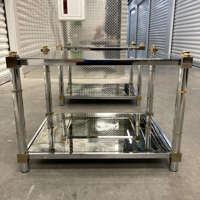 Chrome Modern Chrome Brass & Tiered Glass End Tables Manner of Mastercraft For Sale - Image 8 of 13