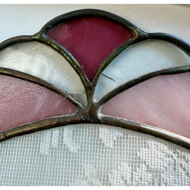 Rare 18" Vintage Leaded Stained Glass Panel With Encapsulated Dutch Picture Lace – Victorian Maiden Scene For Sale - Image 4 of 4