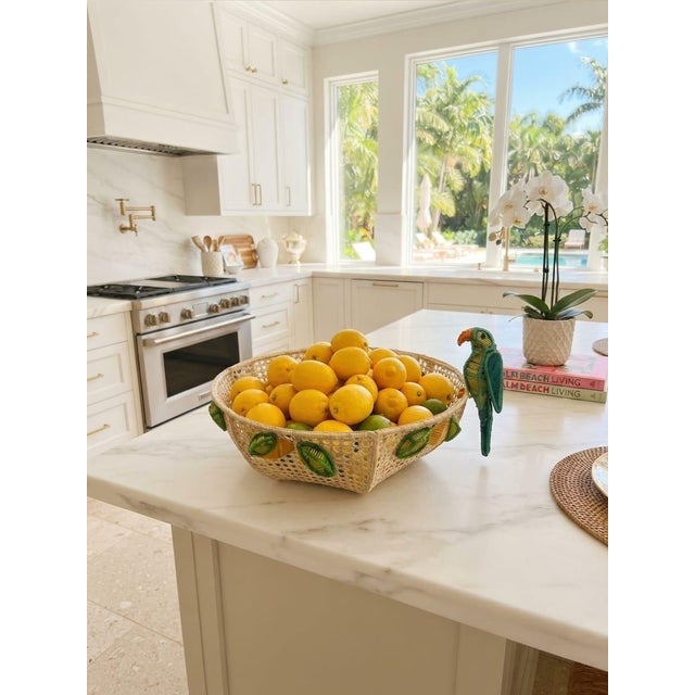 Vintage Tropical Raffia & Cane Fruit Bowl With Perched Parrot & Lemon Accents For Sale - Image 9 of 12