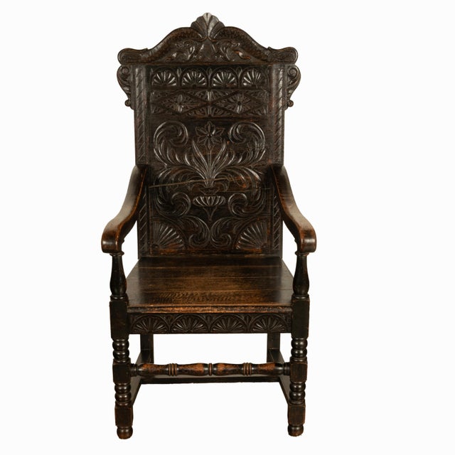 Antique 17th Century English Charles II Oak Carved Wainscot Armchair 1680 For Sale - Image 9 of 13