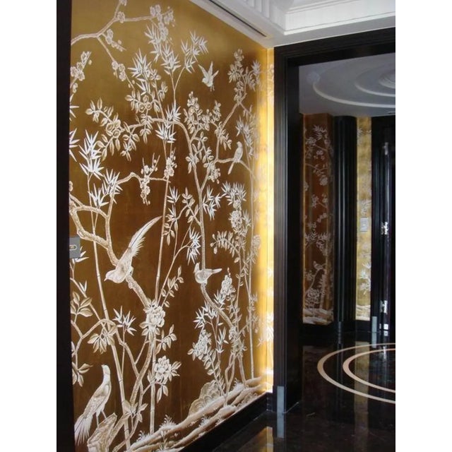 Gold W36" * H100"/Panel, Hand-Painted Chinoiserie Birds and Flowers Wallpaper, Gold Leaf Wallpaper, Custom Panel Size Available For Sale - Image 8 of 11