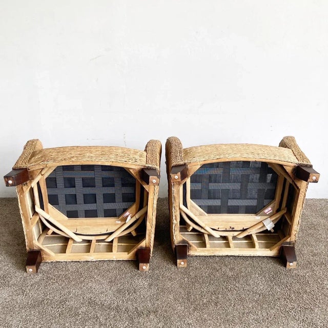 1990s Boho Chic Wicker Arm Chairs With Brown Cushions For Sale - Image 5 of 10