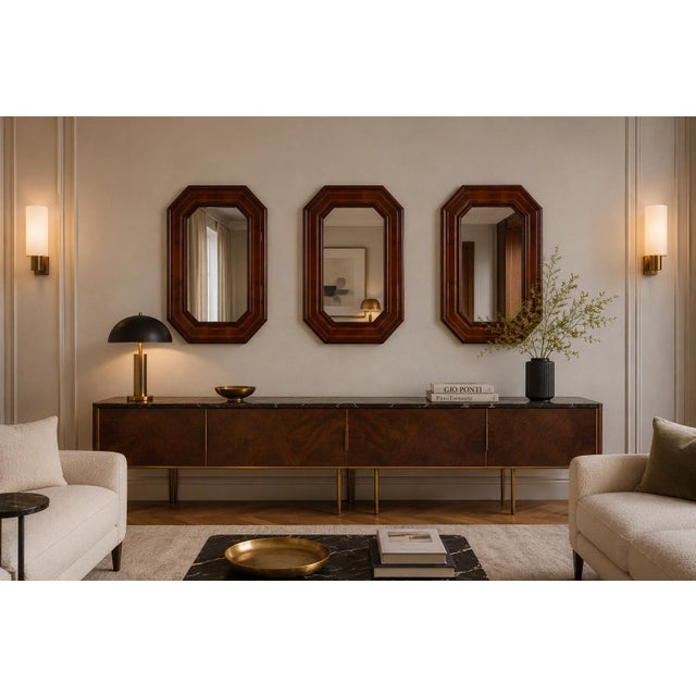 1920s 20th Century Art Decò Italian Walnut and Mahogany Octagonal Mirror from Bassanos Ebanistery, 1920s For Sale - Image 5 of 7