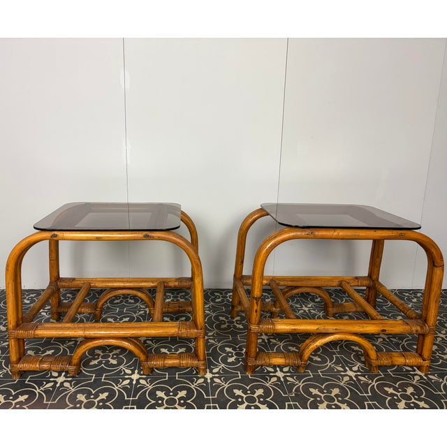 Mid-Century Modern Italian Bamboo and Rattan Side Tables with Smoked Glass, 1950s, Set of 2 For Sale - Image 4 of 18