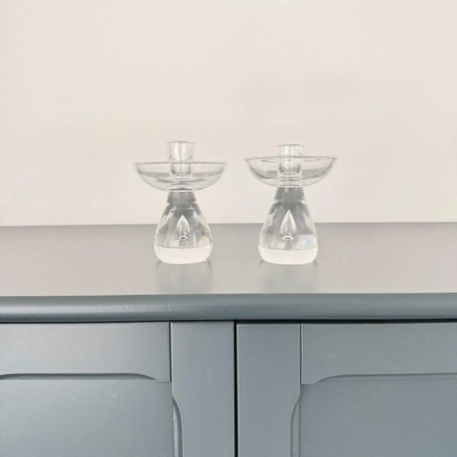 Vintage Val St Lambert Crystal Candleholders MCM Teardrop Pair 4.5" ~ Belgium For Sale In New York - Image 6 of 11