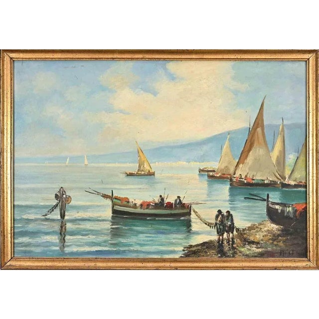 Unknown, Ships in the Gulf of Naples, Original Oil Painting, Mid-20th-Century For Sale - Image 4 of 4
