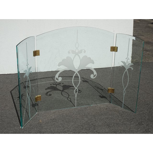 Fireplace Screen With Three Panel Floral Etched Glass and Brass Hinges For Sale In Los Angeles - Image 6 of 18
