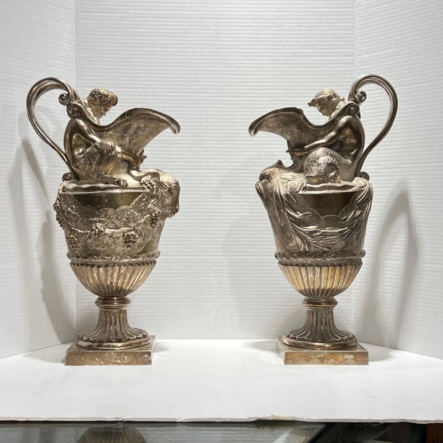 19th Century French Silvered Bronze Ewer Form Vases in Louis XVI Style - A Pair For Sale In New York - Image 6 of 12