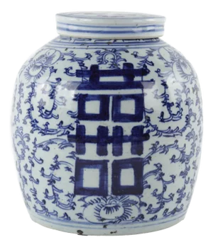 Chinese Late Qing Dynasty Blue and White Porcelain Ginger Jar With Double Happiness Pattern