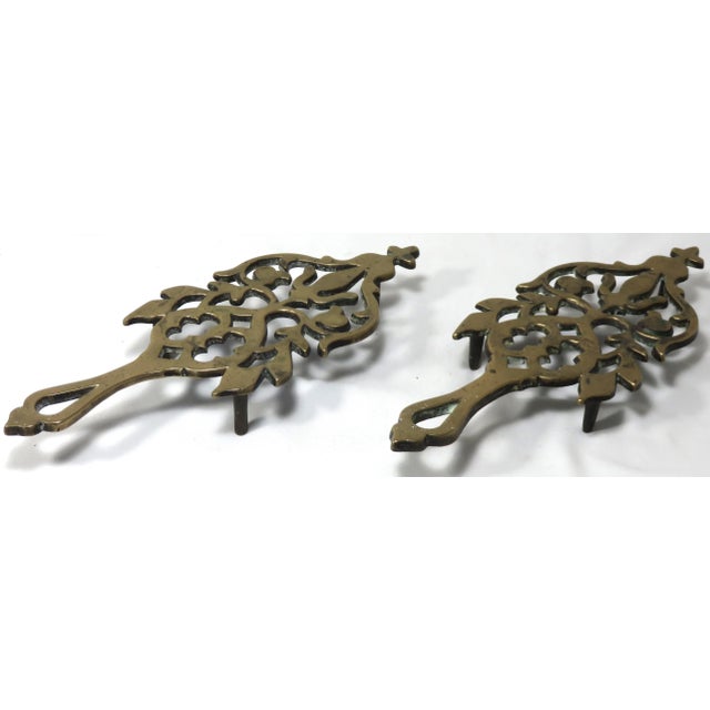 Metal Original Matched Pair of Large Antique Solid Cast Brass Trivets Circa Mid 19th Century For Sale - Image 7 of 13